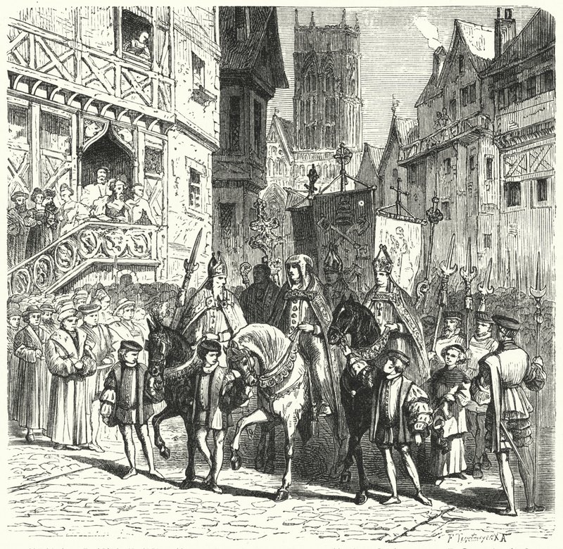 Katolska prelater återvänder till England under Maria I:s regering (gravyr) av German School