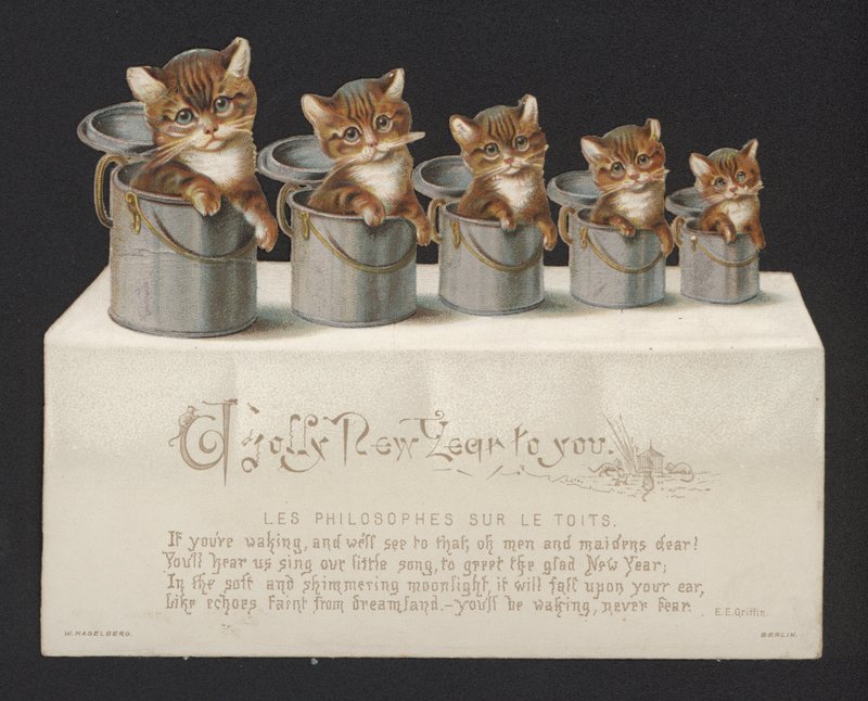 Katter i hinkar, hälsningskort för nyår (chromolitho) av German School