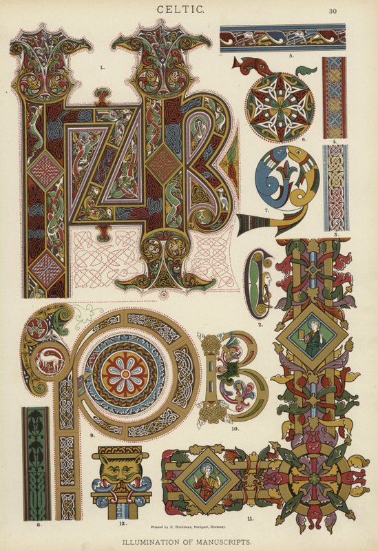 Celtic, belysning av manuskript (färg litho) av German School