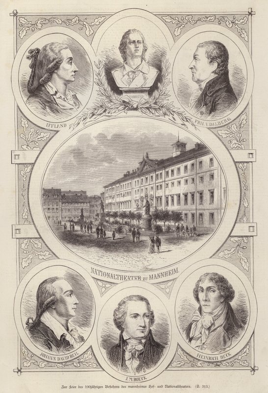Hundraårsjubileum av hovet och nationalteatrarna, Mannheim, Tyskland (gravyr) av German School
