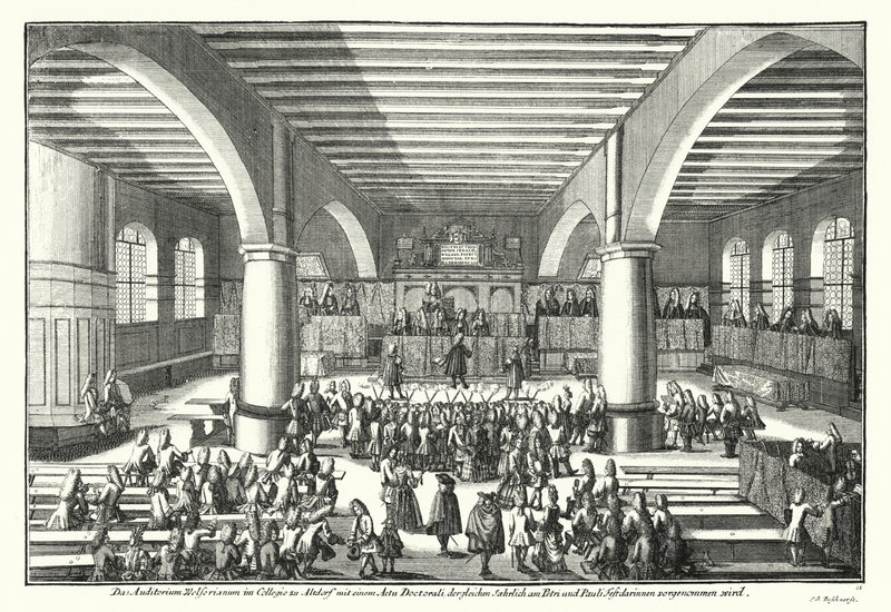 Ceremoni som ger en doktorsexamen vid universitetet i Altdorf, Bayern (gravyr) av German School