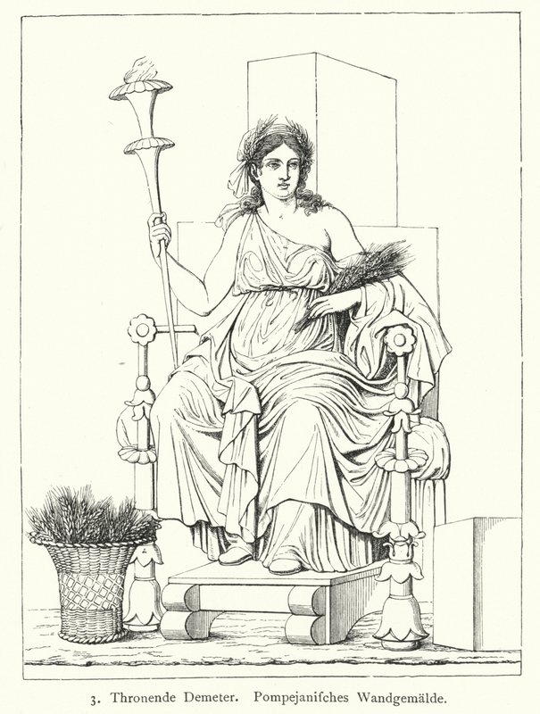 Ceres, skördens romerska gudinna, tronande, väggmålning från Pompeji (gravyr) av German School