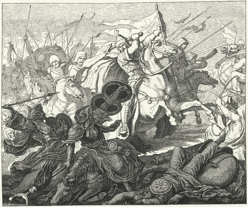 Charles Martel vid slaget vid Poitiers, 732 (gravyr) av German School