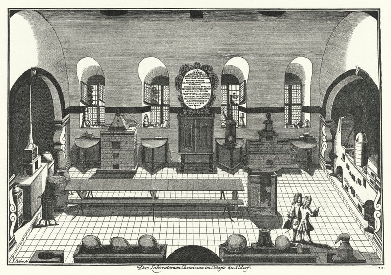 Kemilaboratorium vid universitetet i Altdorf (gravyr) av German School