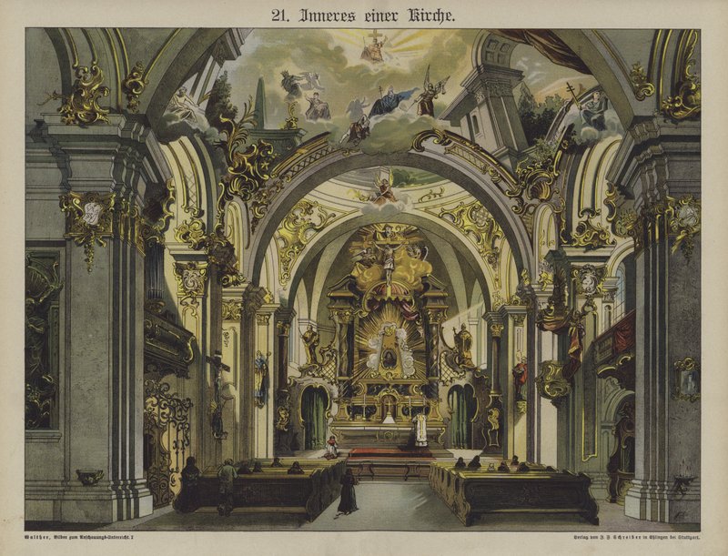 Kyrkans interiör (färg litho) av German School