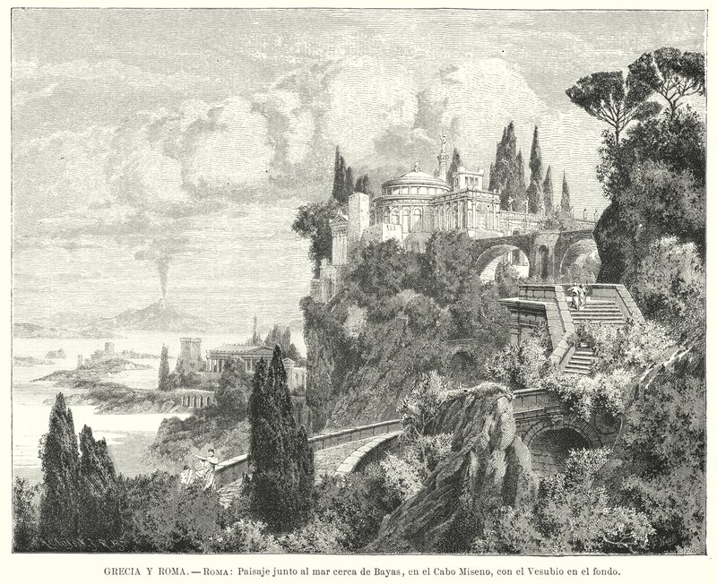 Kustlinje i Neapelbukten från den antika romerska staden Baiae, Cape Miseno, med Vesuvius i fjärran (litho) av German School