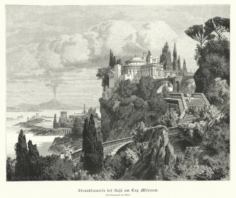 Kustlinje av Neapelbukten från den antika romerska staden Baiae, Cape Miseno, med Vesuvius i fjärran (gravyr) av German School
