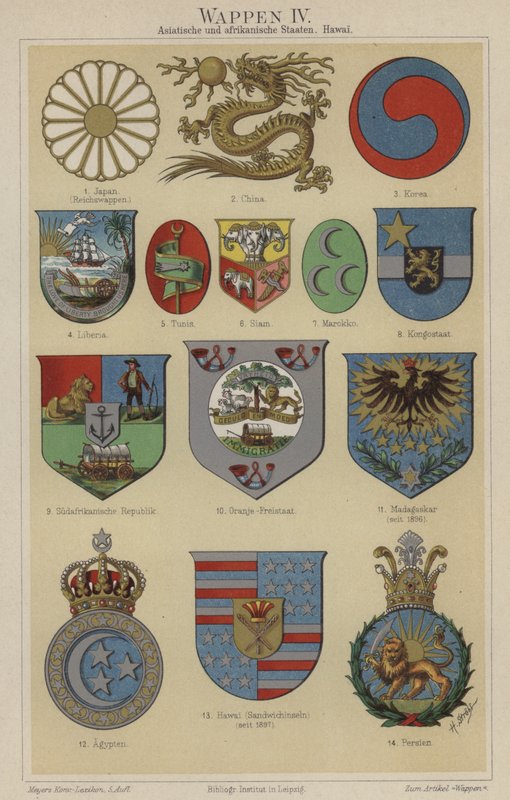 Vapensköldar från Hawaii och länder i Asien och Afrika (färg litho) av German School