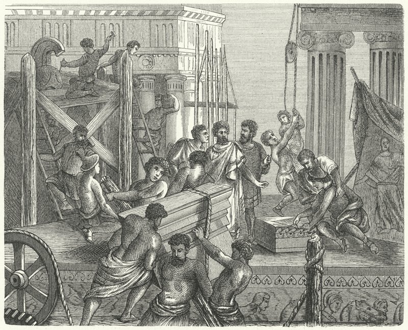 Konstruktion av ett tempel på Akropolis, Aten (gravyr) av German School