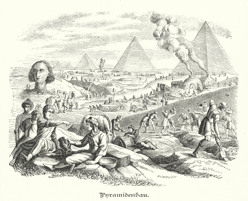 Konstruktion av pyramiderna, antika Egypten (gravyr) av German School
