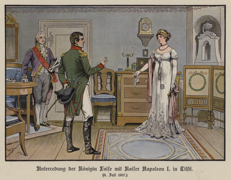 Samtal mellan drottning Louise av Preussen och kejsar Napoleon I i Tilsit, 6 juli 1807 (färg litho) av German School