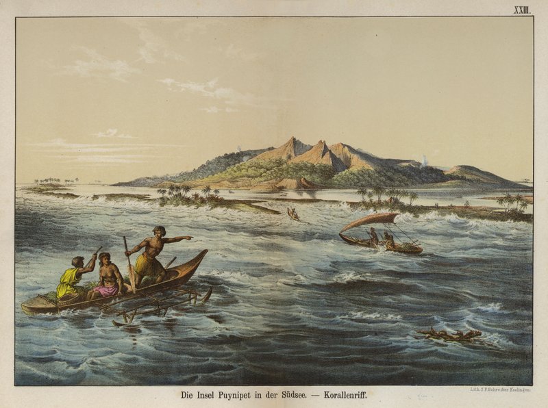 Korallrev utanför ön Puynipet (Pohnpei), Caroline Islands (färg litho) av German School