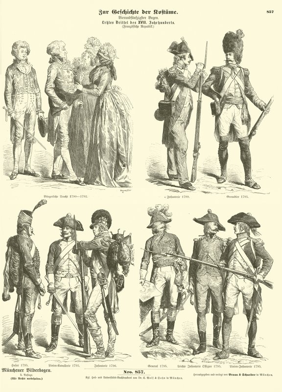 Kostymer och militäruniformer från det republikanska Frankrike, 1790-talet av German School
