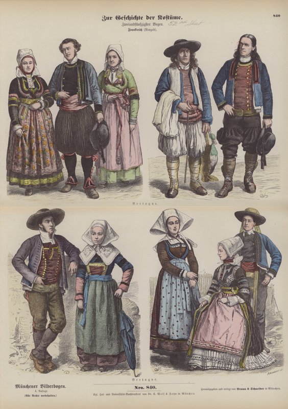 Dräkter från Bretagne, sent 1800-tal (färgad gravyr) av German School