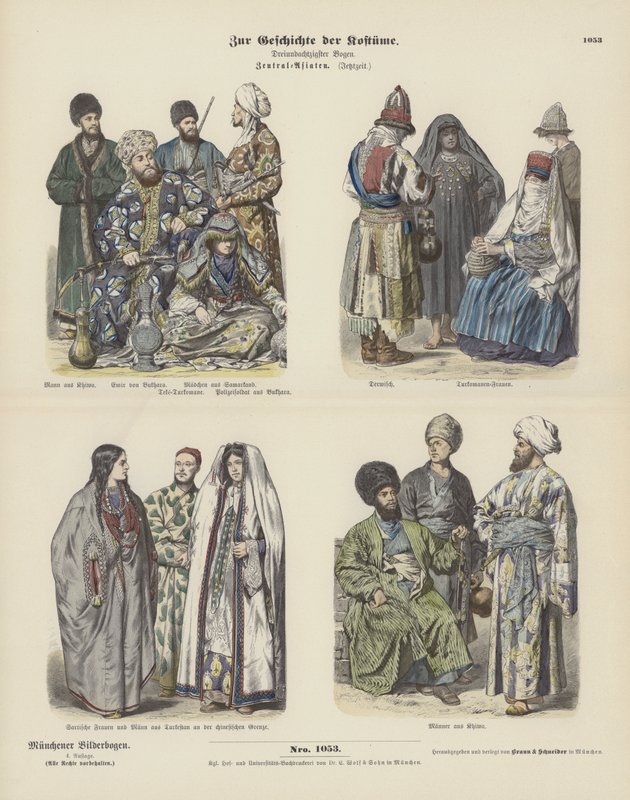Dräkter från Centralasien, sent 1800-tal (färgad gravyr) av German School