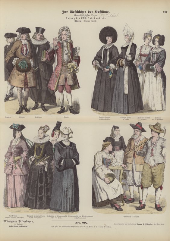 Dräkter från den schweiziska kantonen Zürich, tidigt 1700-tal (färgad gravyr) av German School