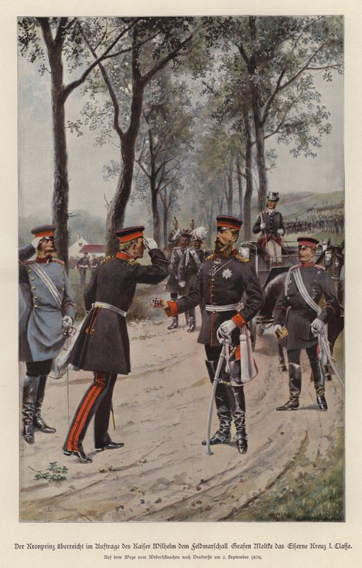 Kronprins Fredrik av Tyskland tilldelar fältmarskalk Helmuth von Moltke järnkorset på uppdrag av sin far, kejsar Wilhelm I (färg litho) av German School