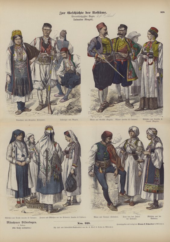 Dalmatiska dräkter, sent 1800-tal (färgad gravyr) av German School