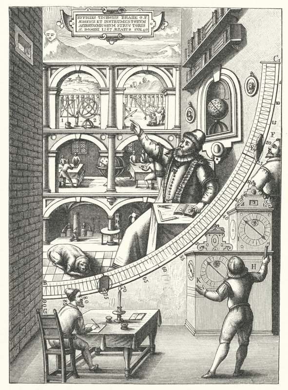 Danske astronomen Tycho Brahes väggmålningskvadrant i sitt observatorium i Uraniborg, Hven, Danmark av German School