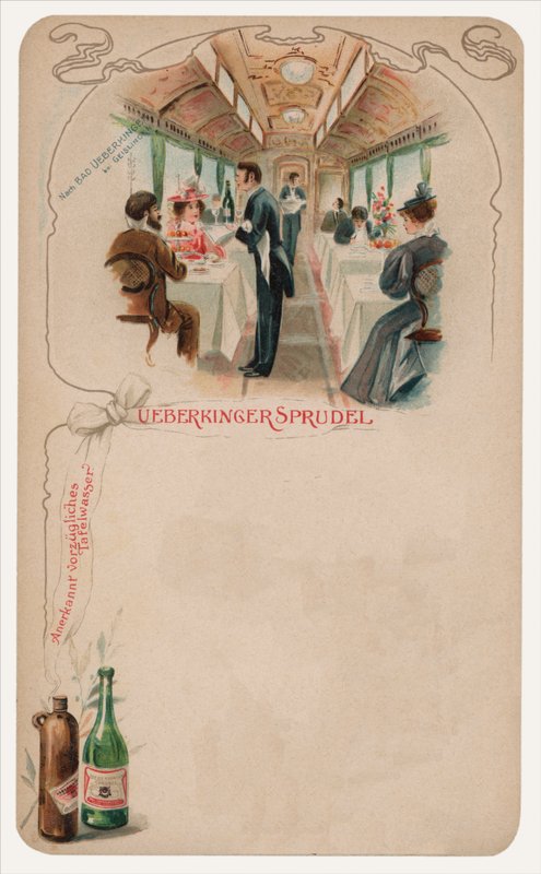 Matvagn på ett tåg, reklam för Ueberkinger Sprudel bordsvatten (chromolitho) av German School