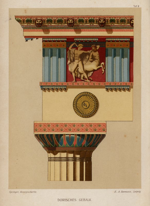 Dorisk entablatur, antik grekisk arkitektur (färg litho) av German School