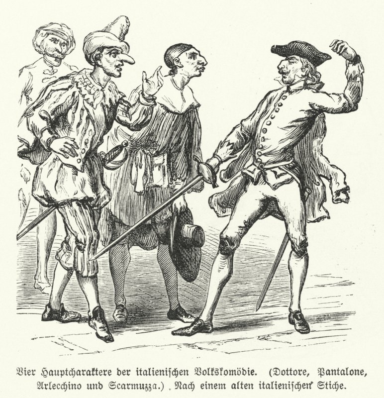 Doctor, Pantalone, Arlecchino och Scaramuccia, fyra karaktärer från Commedia dell