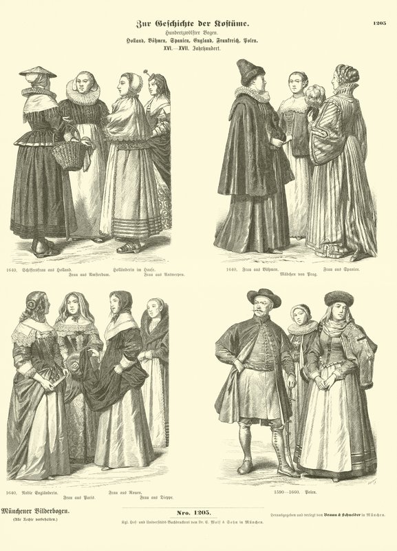 holländska, böhmiska, spanska, engelska, franska och polska, kostymer, 1500 - 1600-tal av German School
