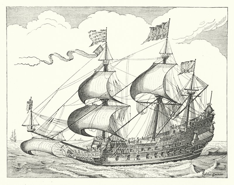 Holländskt krigsskepp från 1600-talet (gravyr) av German School