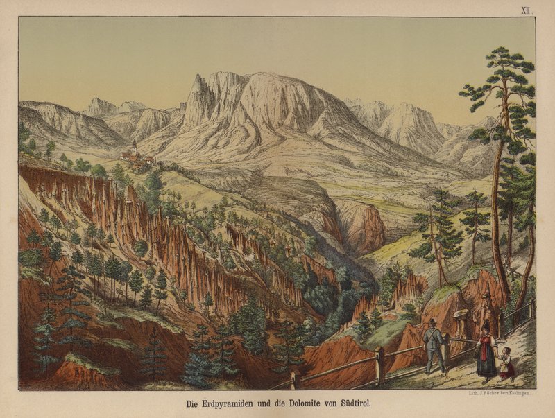 Jordpyramiderna och Dolomiterna, Sydtyrolen (färg litho) av German School