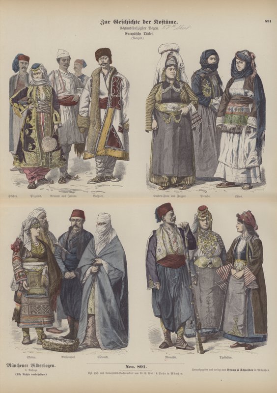 Östeuropeiska kostymer (färgad gravyr) av German School