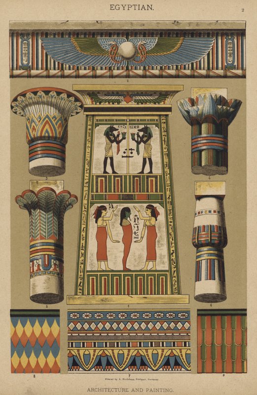 Egyptiska, arkitektur och måleri (färg litho) av German School