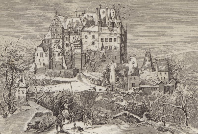 Eltz slott, i kullarna ovanför Moselfloden, Tyskland, som det såg ut i slutet av 1500-talet (litho) av German School