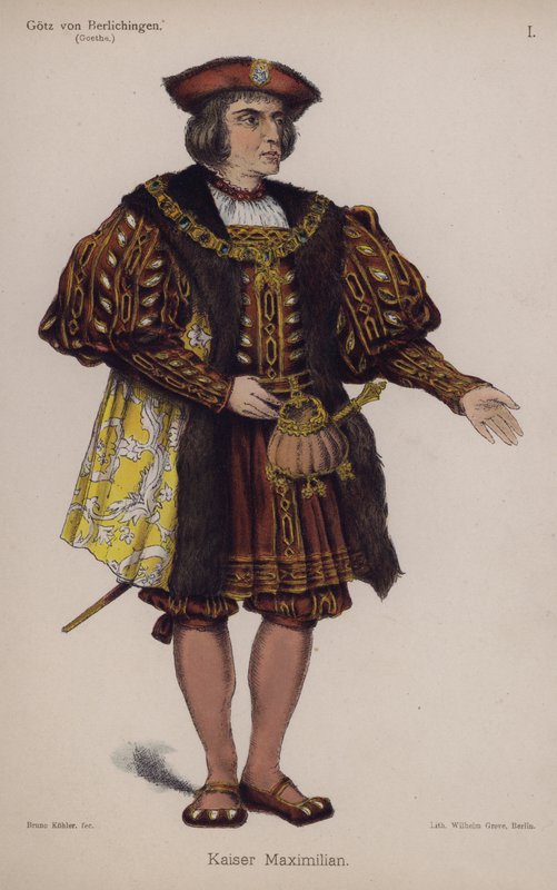 Kejsar Maximilian, från Gotz von Berlichingen av Goethe (färg litho) av German School