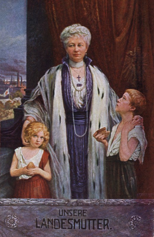Kejsarinnan Augusta Victoria av Tyskland, nationens moder (färglitografi) av German School