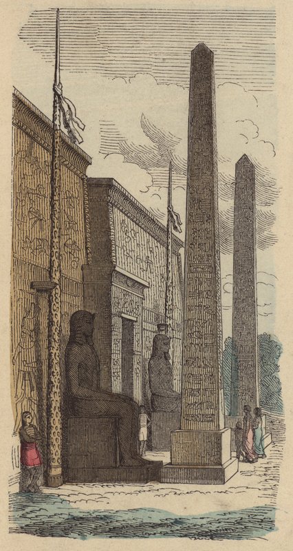 Ingången till ett forntida egyptiskt palats tempel (färgad gravyr) av German School