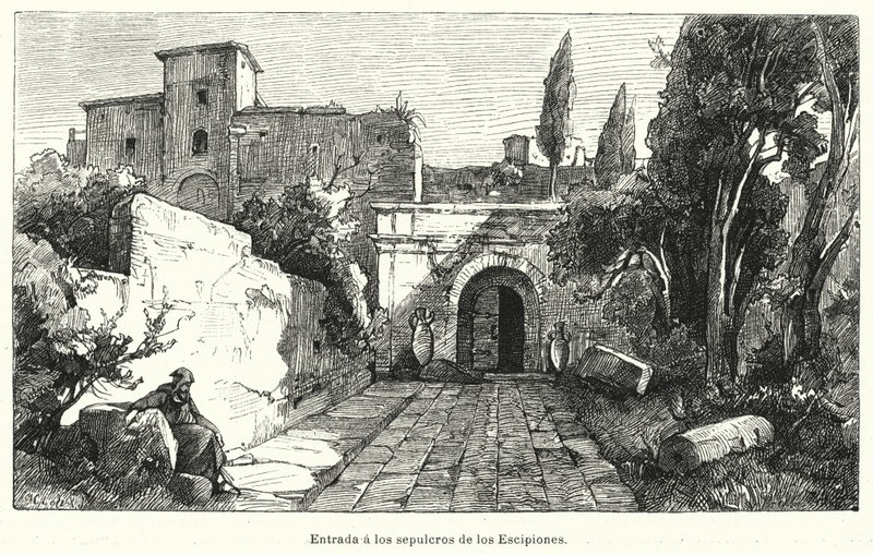 Ingången till Scipios grav, Rom (litho) av German School