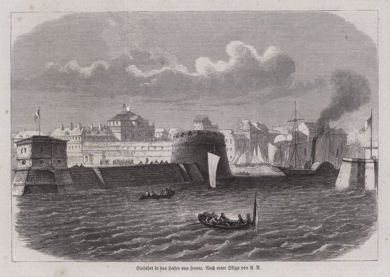 Ingång till hamnen i Le Havre, Frankrike (gravyr) av German School
