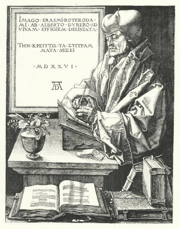 Erasmus av Rotterdam, holländsk katolsk reformator och humanist (gravyr) av German School