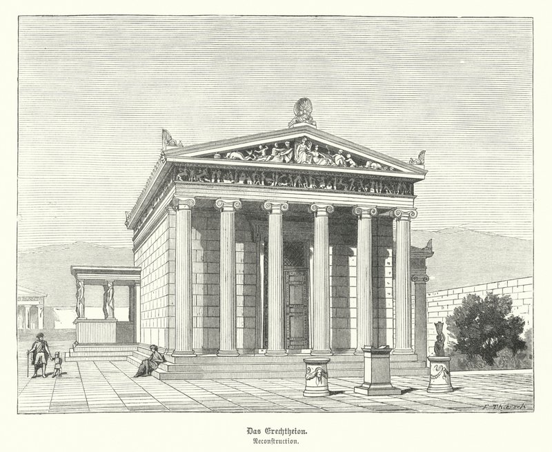 Erecteion, tempel tillägnat Athena och Poseidon på Akropolis, Aten, antikens Grekland (gravyr) av German School