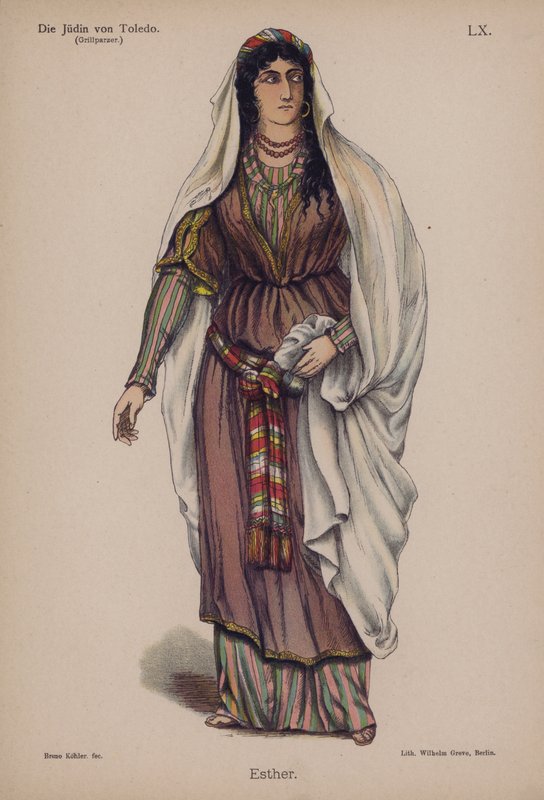 Esther, från Die Judin von Toledo (Judinnan i Toledo) av Franz Grillparzer (färg litho) av German School