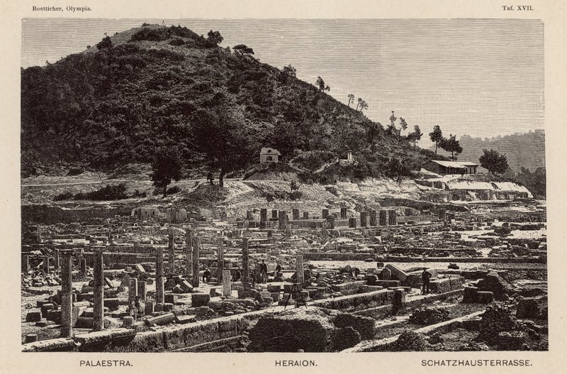 Utgrävning av platsen för det antika Olympia, Grekland: Palaestra, Heratemplet och skattkammaren (gravyr) av German School