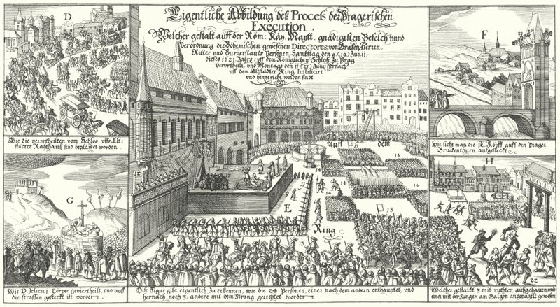Avrättning av medlemmar av den protestantiska bohemrevolten på torget i Gamla stan, Prag av German School