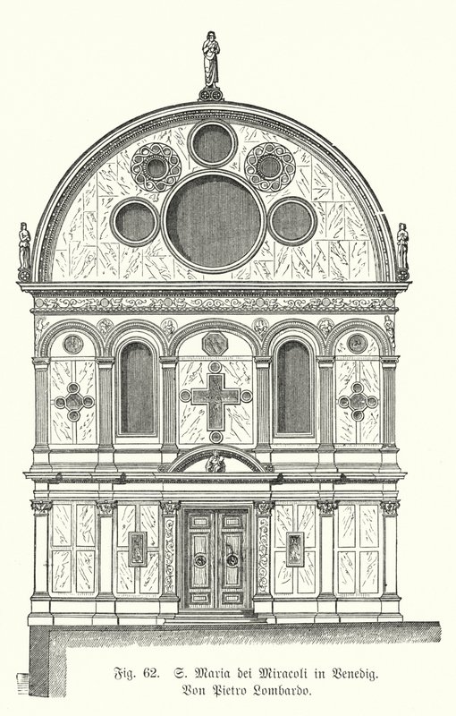 Fasad av kyrkan Santa Maria dei Miracoli, designad av Pietro Lombardo, Venedig, Italien (gravyr) av German School