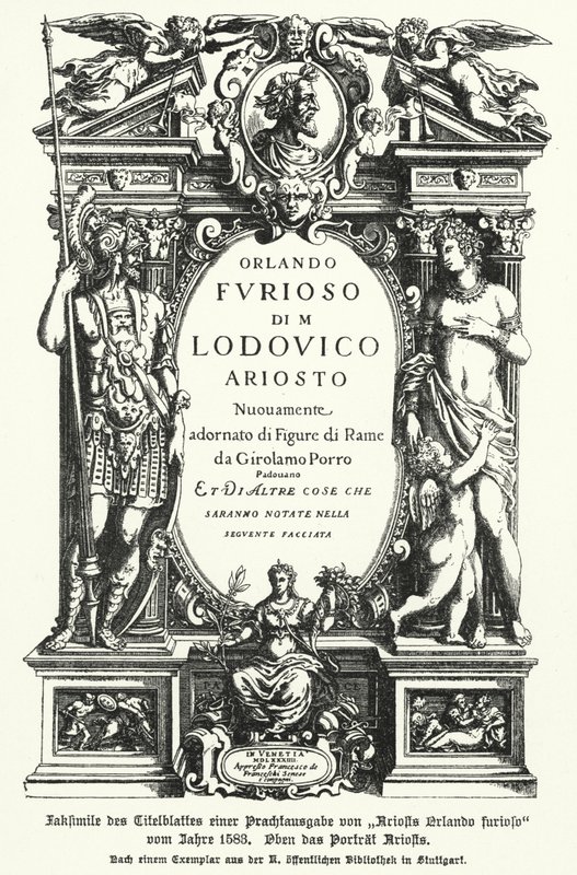 Faksimil av titelsidan för en upplaga från 1583 av den italienske poeten Ludovico Ariostos epos Orlando Furioso (foton) av German School