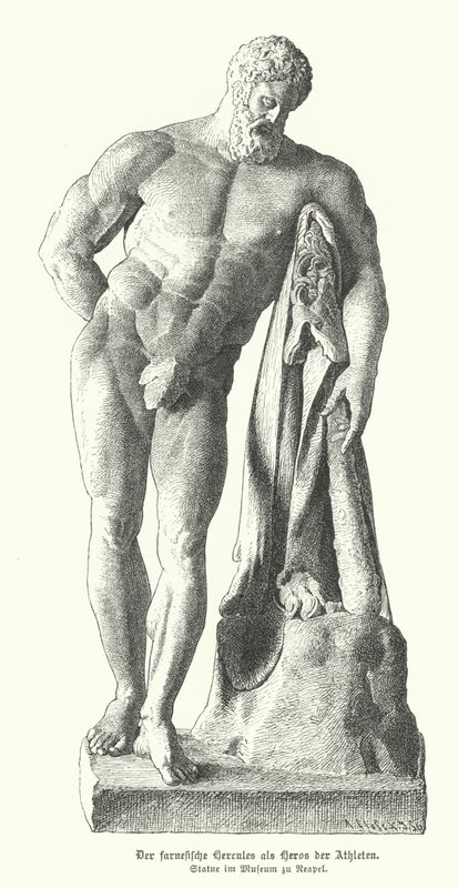 Farnese Hercules, romersk kopia av en antik grekisk staty av Lysippos (gravyr) av German School