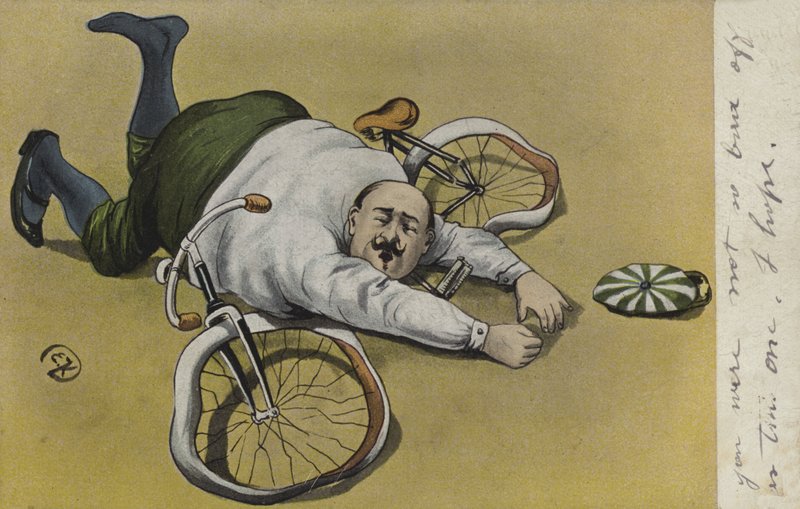 Fet man, ramlat av sin cykel (färg litho) av German School