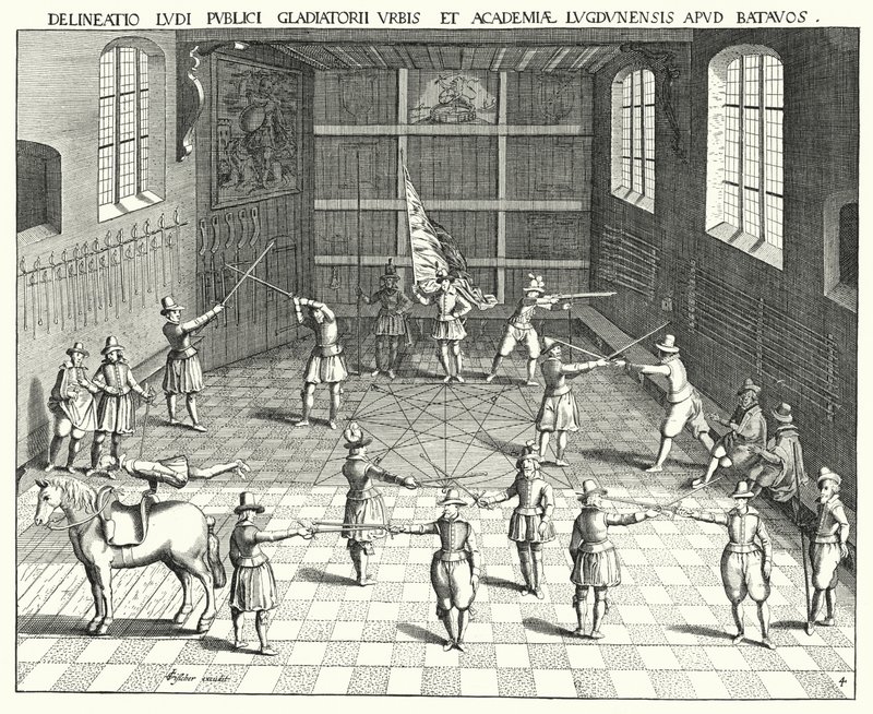 Fäktning hall vid universitetet i Leiden (gravyr) av German School