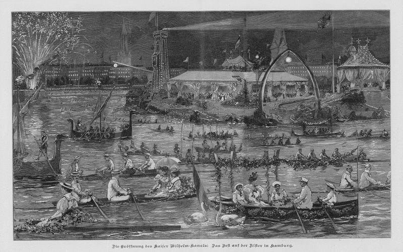 Festligheter på Alster i Hamburg till minne av öppnandet av Kielerkanalen (Kaiser Wilhelm-kanalen), Tyskland av German School