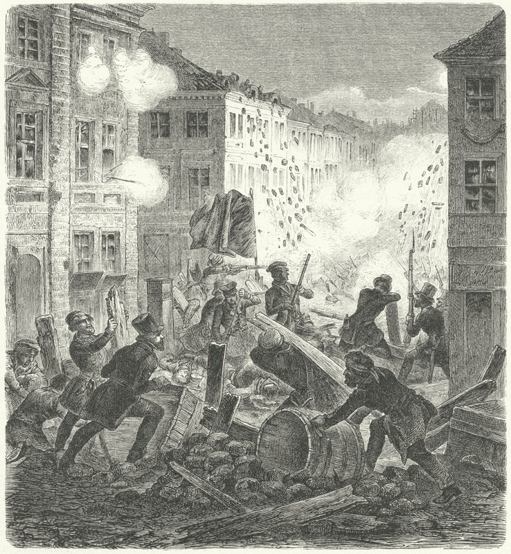 Slåss vid en barrikad framför Collns rådhus, Berlin, revolutionen 1848 (gravyr) av German School