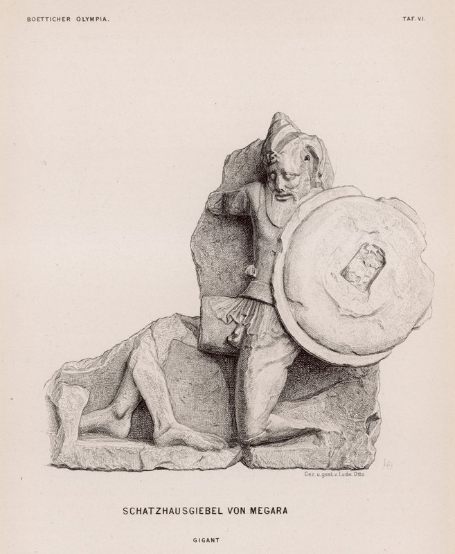 Figur av en jätte från frontonen av statskassan i Megara, Olympia, Grekland (gravyr) av German School
